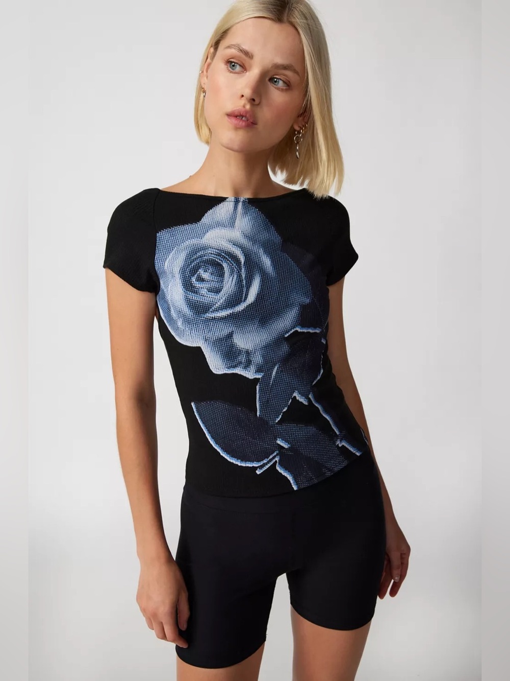Urban Outfitters Black Ribbed Tee with Gray Rose Graphic